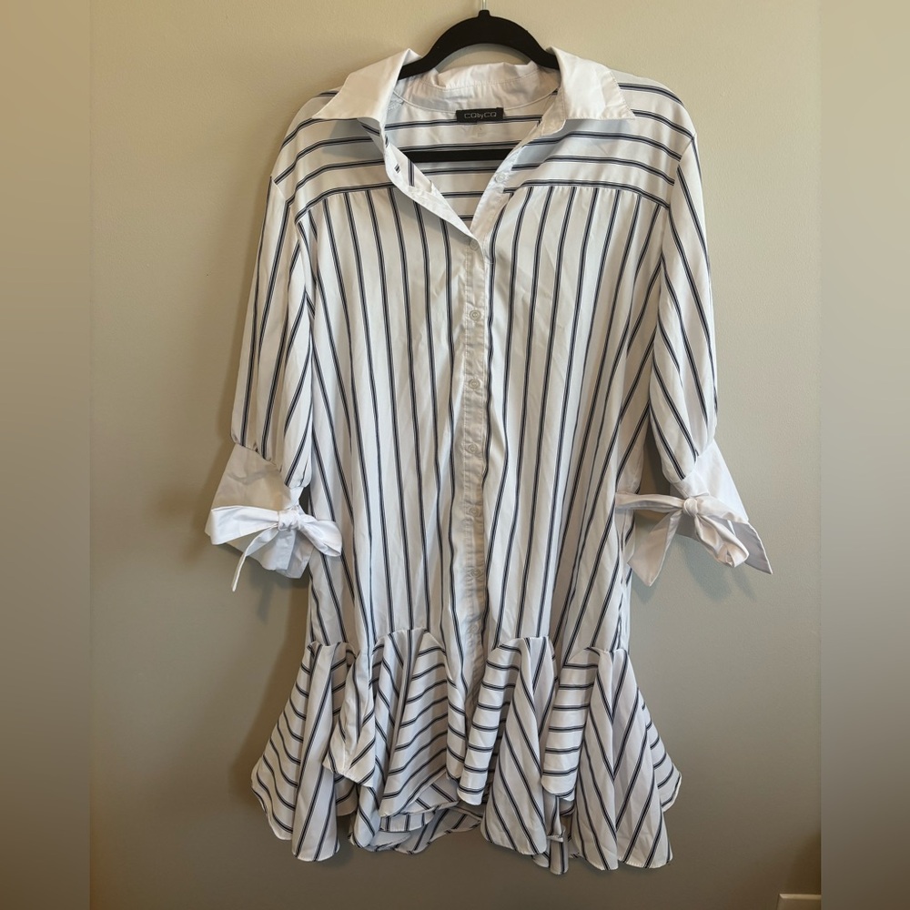 Colette White & Navy Striped Ruffle Hem Mini Dress